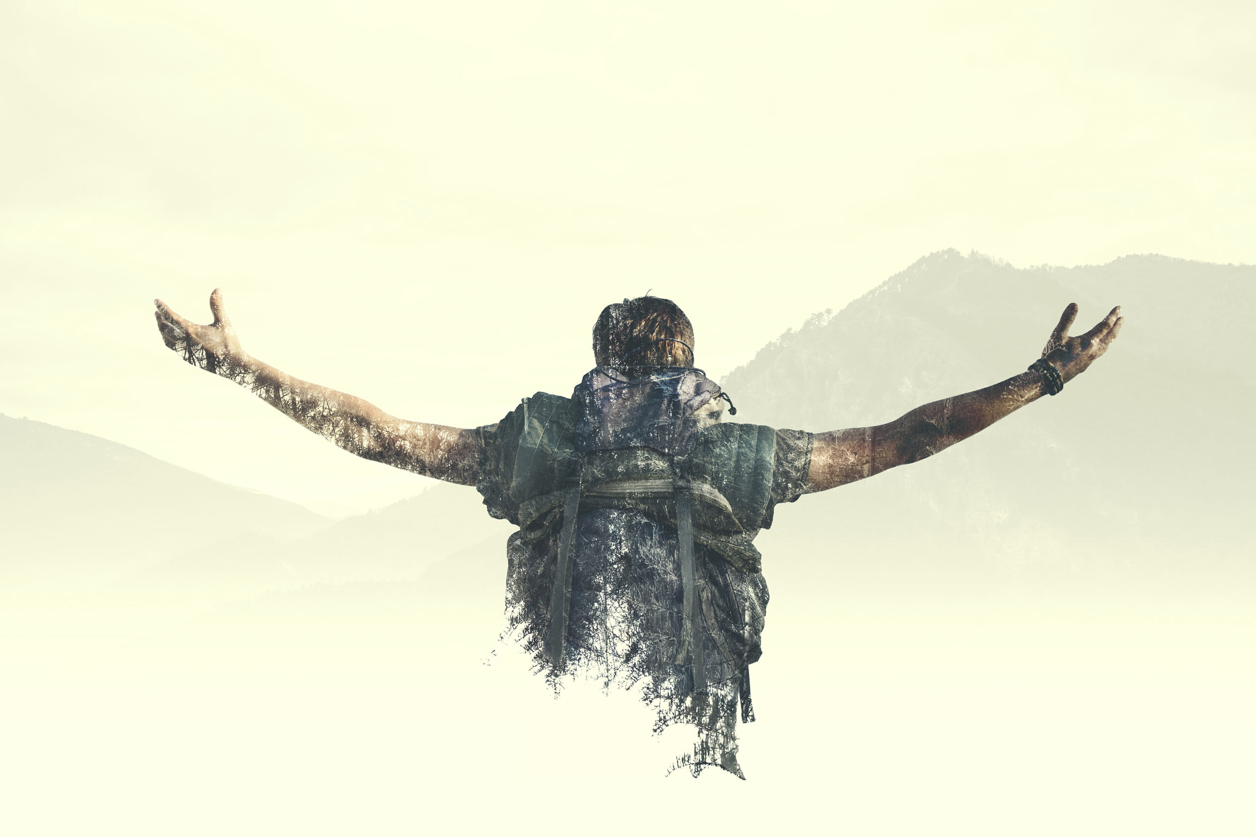 Double exposure man reach the top of the mountain