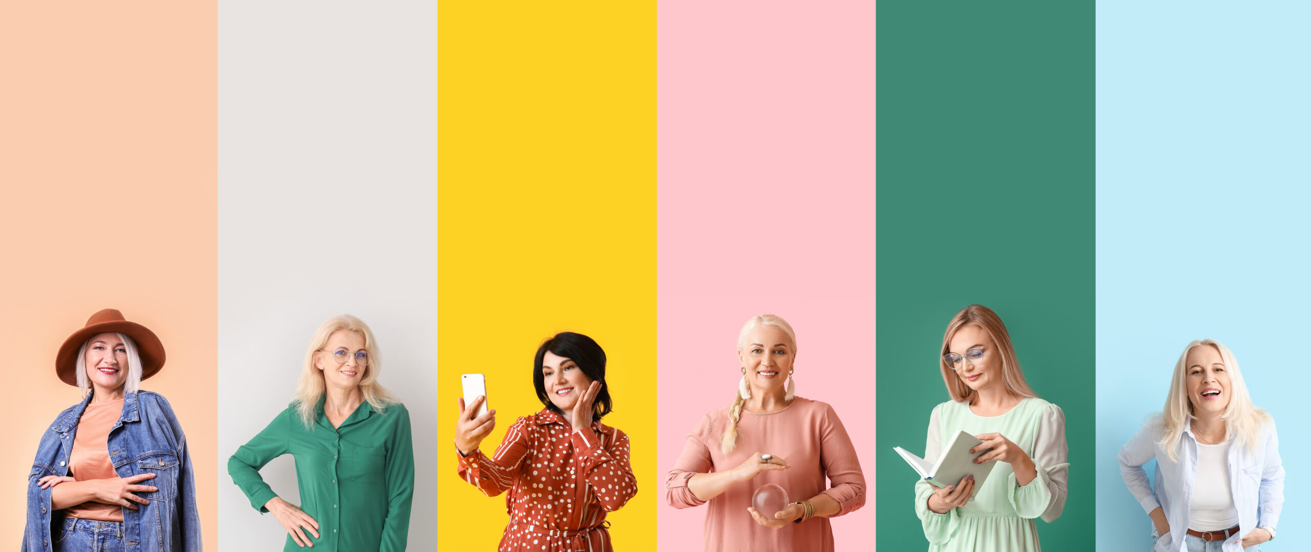 Group of stylish mature women on color background